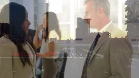 diverse businessman and businesswoman shaking hands at office against aerial view of cityscape