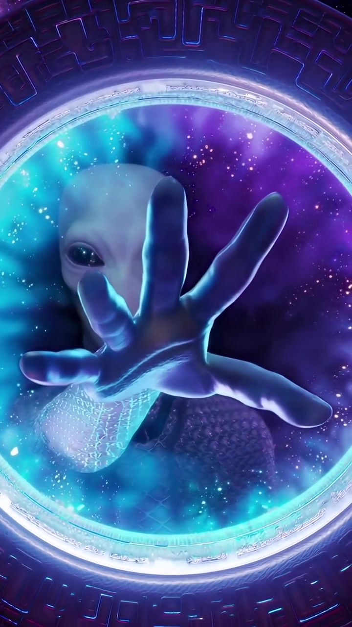 Mano aliena che si protende da un portale spaziale luminoso