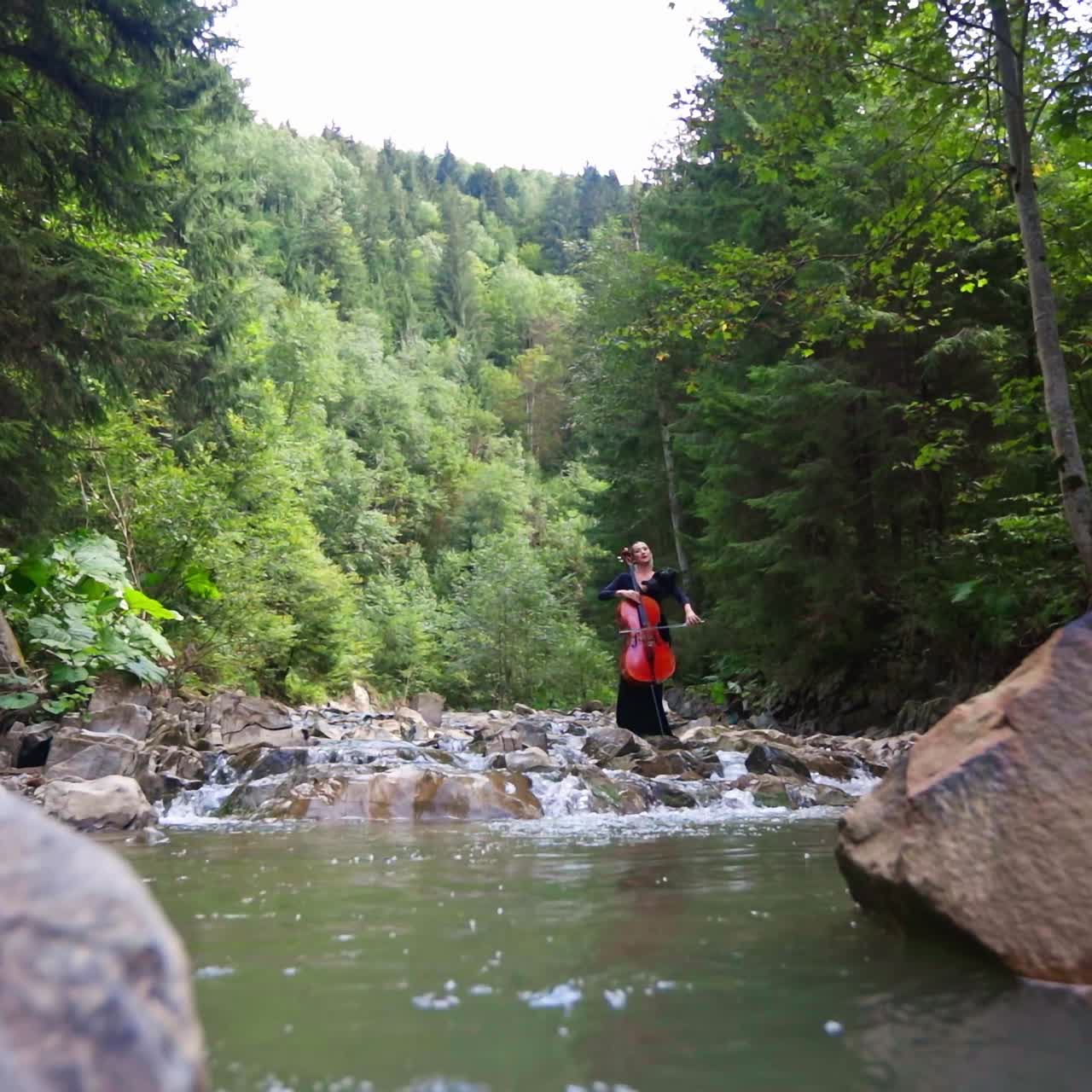 Beautiful woman with cello near the water. Female musician performing music at the river in the forest. Cellist plays the musical instrument in nature.