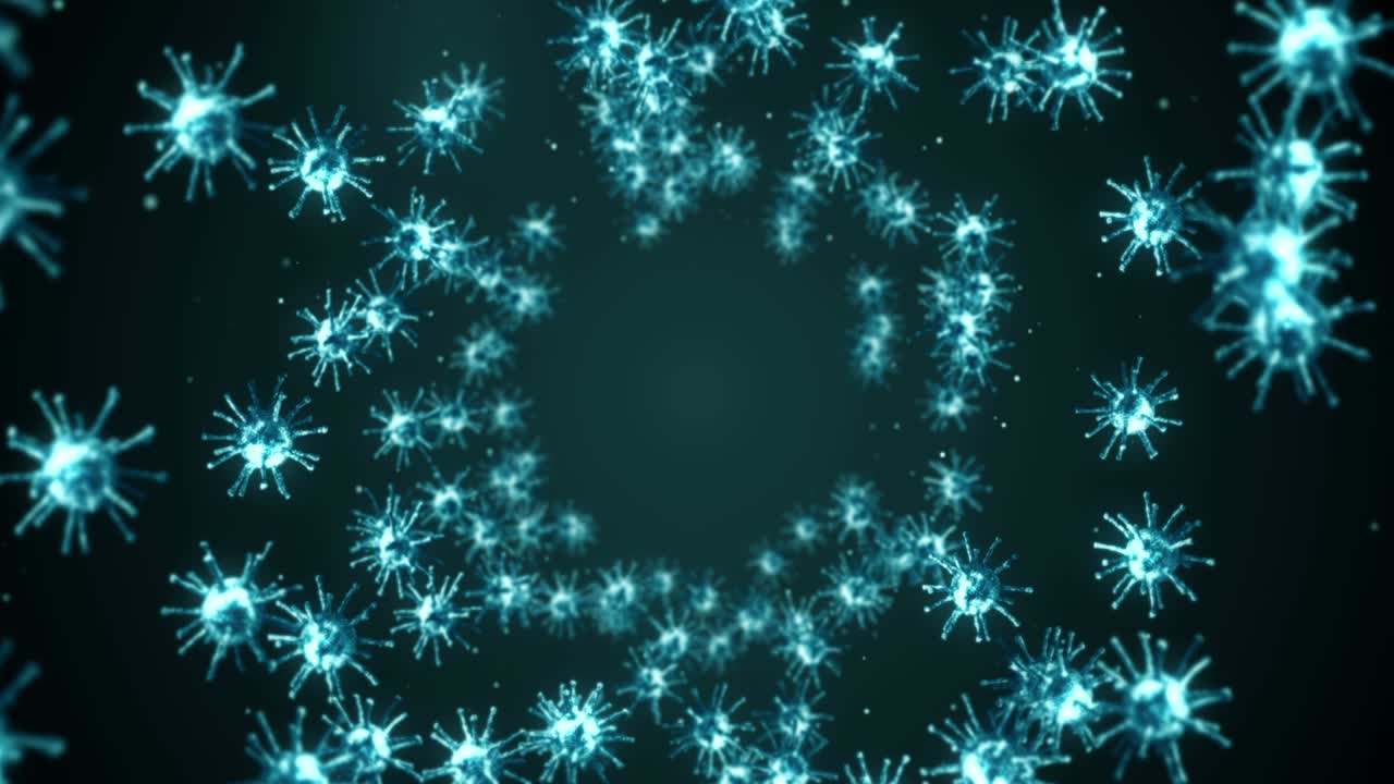 검은 바탕에 많은 바이러스 세포가 날아다니는 의료 개념, 현미경 일러스트레이션, 바이러스 분자의 3d 애니메이션 회전, 루프 애니메이션