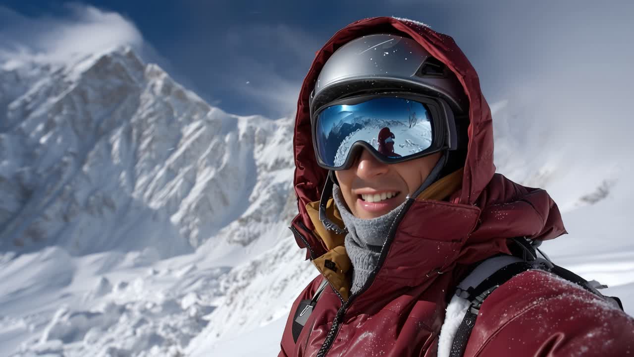 Una cima innevata incombe dietro un alpinista con attrezzatura rossa. Gli occhiali blu riflettono il ghiaccio e il cielo in lontananza. Il vento ulula mentre fa una pausa, guardando in alto con tranquilla determinazione