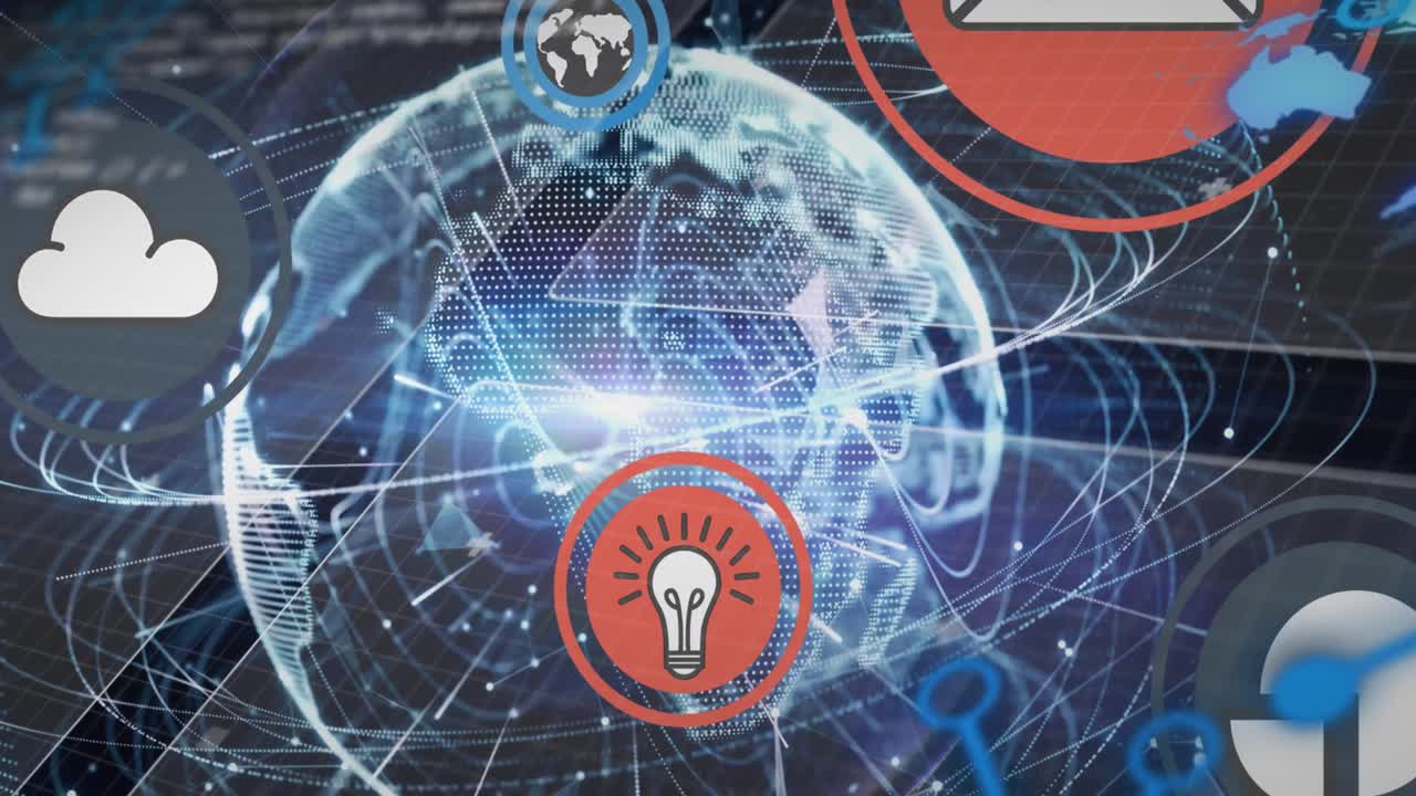 디지털 아이콘의 애니메이션 및 전 세계 연결 네트워크의 데이터 처리