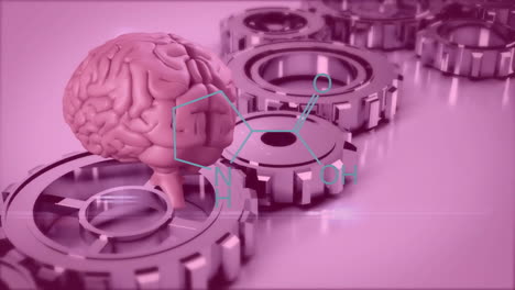 animation of chemical formula and digital brain over cog wheels on white background