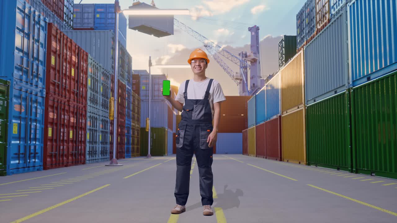 Full Body Of Asian Man Worker Wearing Goggles And Safety Helmet Smiling And Showing Green Screen Smartphone To The Camera While Standing At Container Yard Warehouse