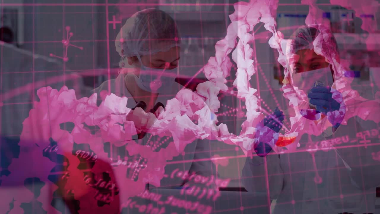 Due scienziate collaborano su un banco di laboratorio, esaminando una provetta con un'elica di DNA e grafici a griglia.