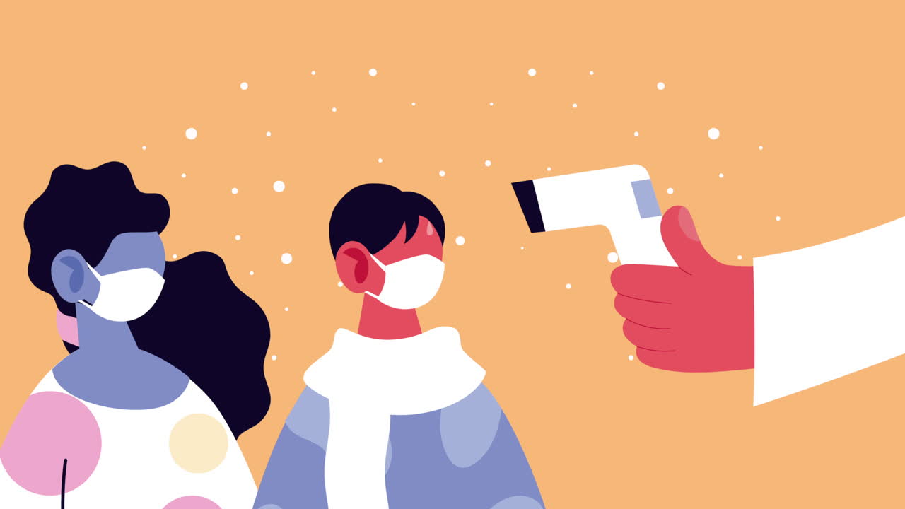 코로나19에 대한 의료 마스크를 착용하고 레이저 온도계가 있는 부부 환자