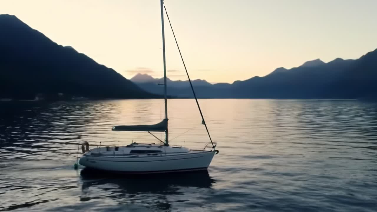 A sailboat gently floats on a serene lake as the sun rises, casting beautiful reflections on the water and illuminating the surrounding mountains. A peaceful start to the day.