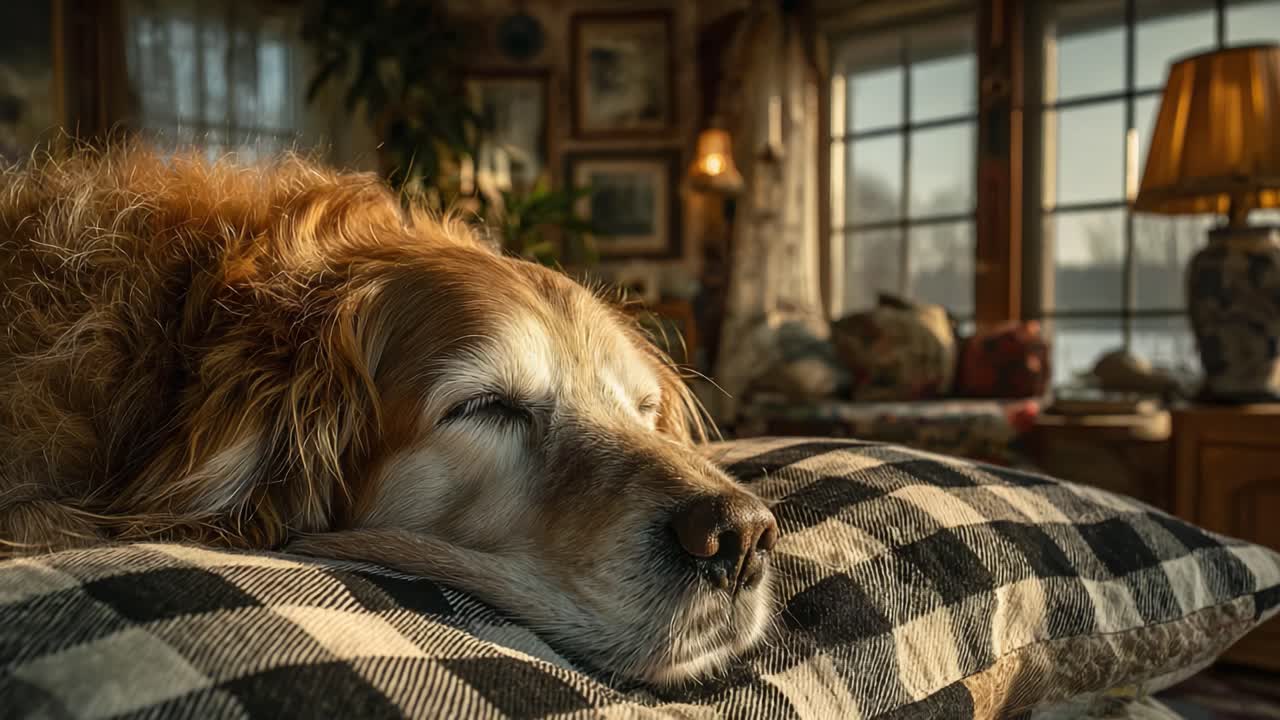 A Serene Golden Retriever Enjoys a Peaceful Moment of Rest on a Cozy Pillow in a Warm, Sunlit Living Room Filled with Comforting Decor