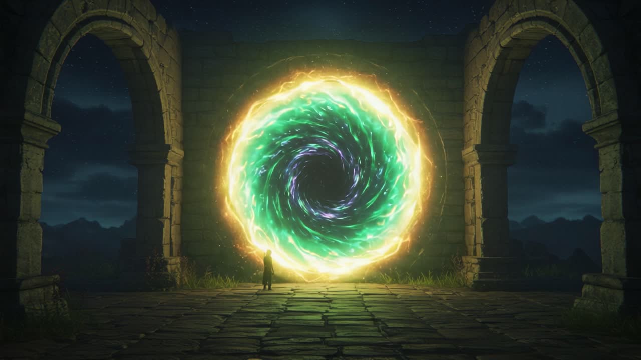 A Mysterious Portal Surrounded by Ancient Archways Illuminates the Night Sky, Inviting Adventure and Enigma Beyond Its Vortex of Colorful Energy