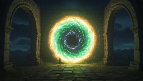 A Mysterious Portal Surrounded by Ancient Archways Illuminates the Night Sky, Inviting Adventure and Enigma Beyond Its Vortex of Colorful Energy