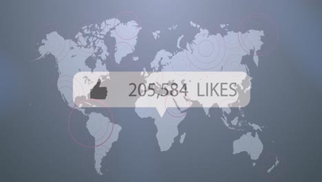 Animation-of-like-icon-with-increasing-likes-over-world-map-against-grey-background