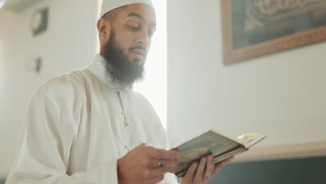 quran, muslim and man reading for faith