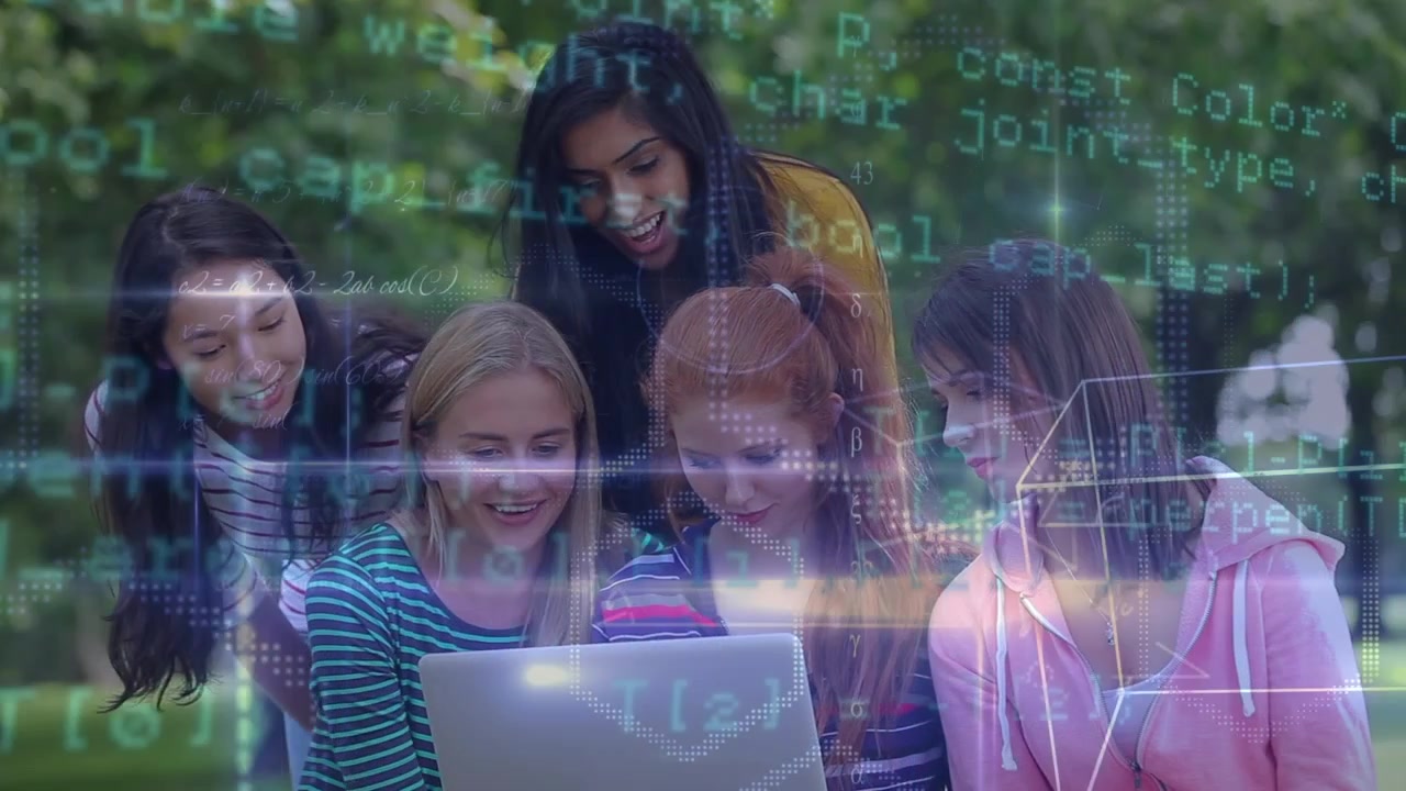 Animation of data processing over schoolchildren and teacher looking at globe in class