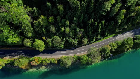 top down drone shot following a road on the coast of lake attersee, sunny austria