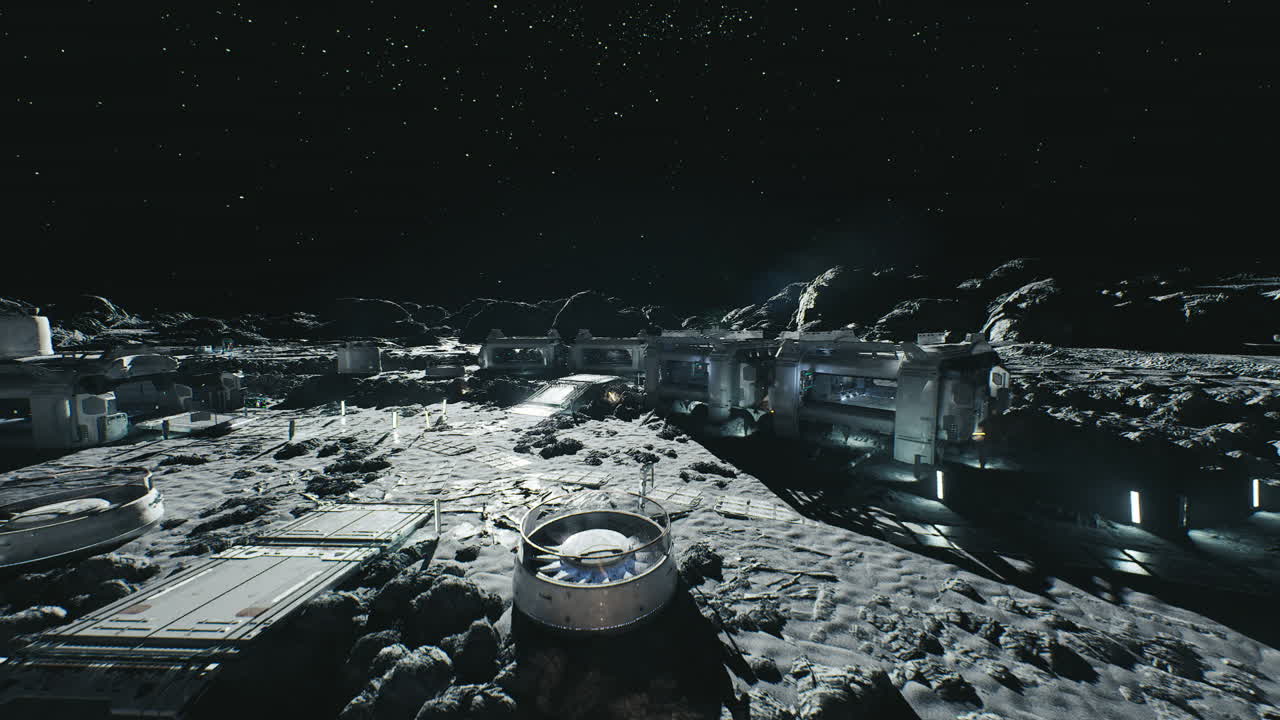 Celestial lunar station under starry sky with industrial lighting