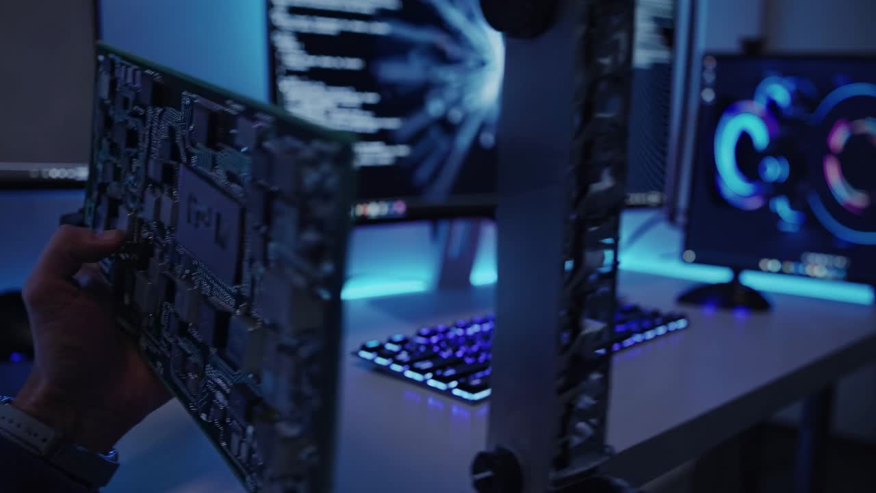 Sleek gaming setup with glowing keyboard and dual monitors displaying code and graphics