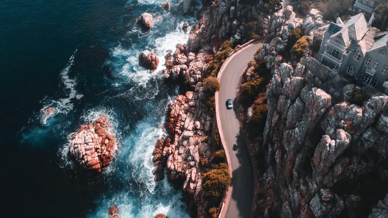 A Captivating Aerial View of a Coastal Road Winding Along Rocky Cliffs, with Waves Crashing Against Boulders and a Car Gently Tracing the Scenic Route