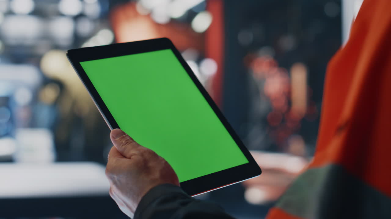 ingeniero de mano sosteniendo una tableta de maqueta en la fábrica de la instalación de producción de cerca.