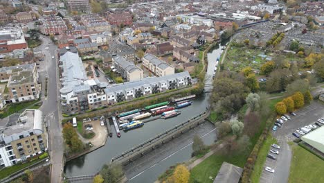 River-side-Apartments-Hertford-on-river-Lee-Hertfordshire-Uk-town-aerial-drone-view