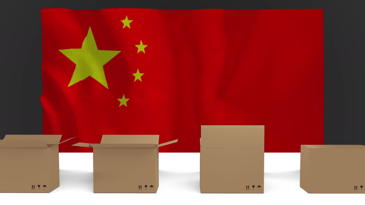 中国の国旗の上にコンベアベルト上の段ボール箱のアニメーション