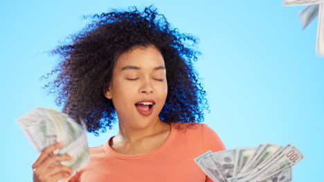 winner, dollars and woman with money fan in studio