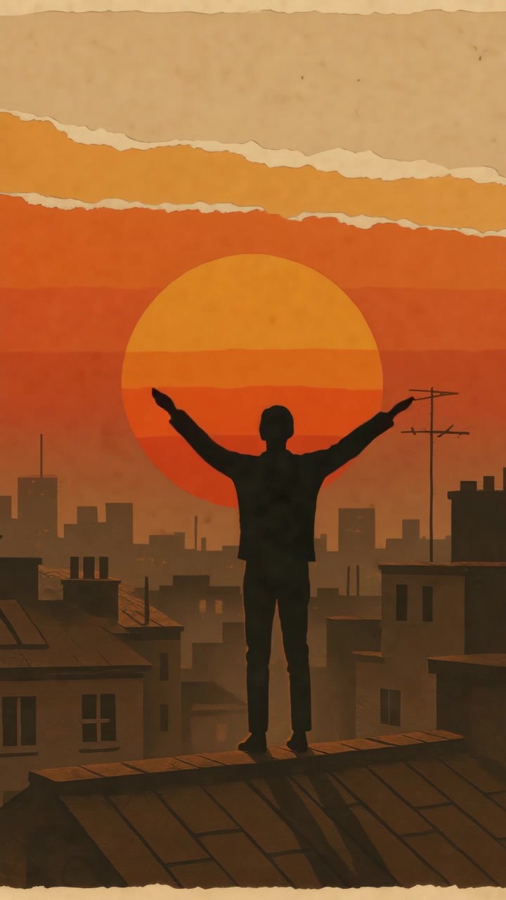 Silhouette di una persona in piedi su un tetto con le braccia alzate al tramonto sulla città