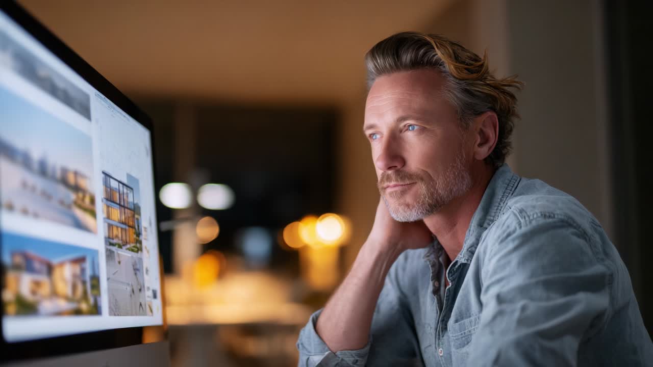 Contemplative Man Engaged in Creative Reflection While Using a Computer, Deep in Thought as He Analyzes Visual Content with a Thoughtful Expression in a Cozy, Softly Lit Environment