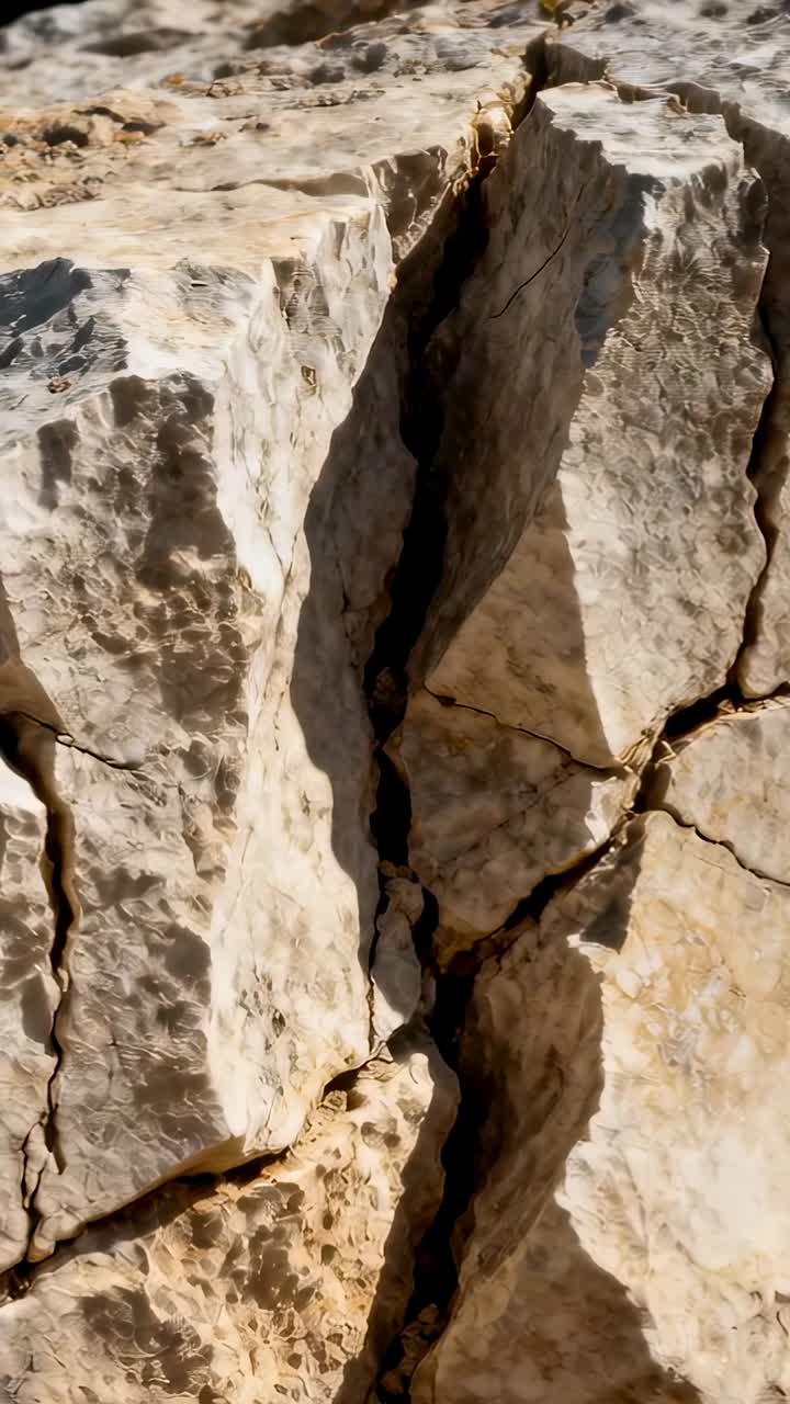 Dikey video: Kaydırılan kamera, kaya çıkıntısındaki kireçtaşı yarığında toprak ve kök parçalarını gösteriyor