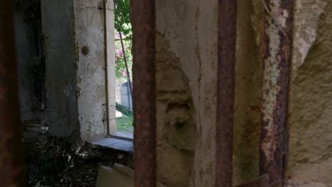 ruined building through rusty metal gate