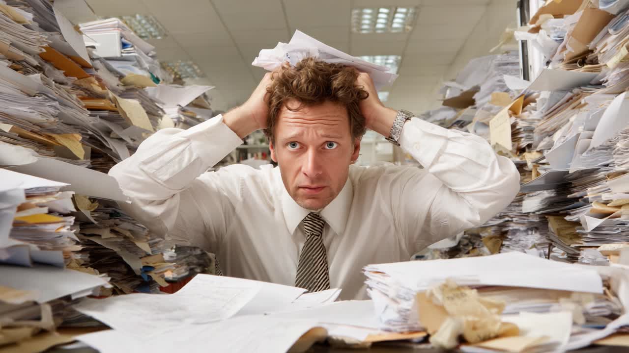 A Frustrated Office Worker Struggles to Manage Overwhelming Paperwork and Disorganization in a Chaotic Work Environment