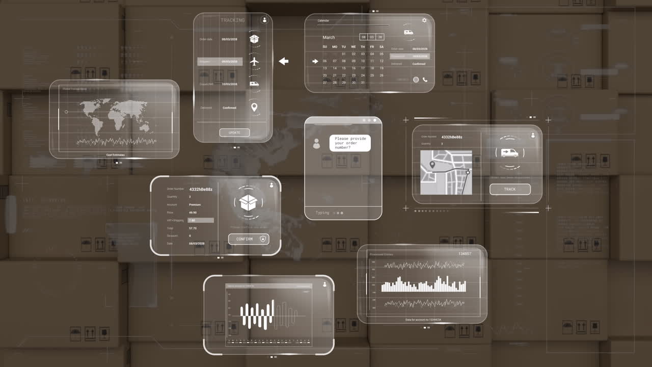 Animation of data on screens over cardboard boxes
