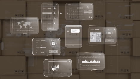animación de datos en pantallas sobre cajas de cartón