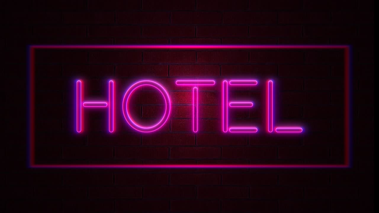 Hotel Neon red Light on Brick Wall. Blinking Neon Sign Style, loop. 4k