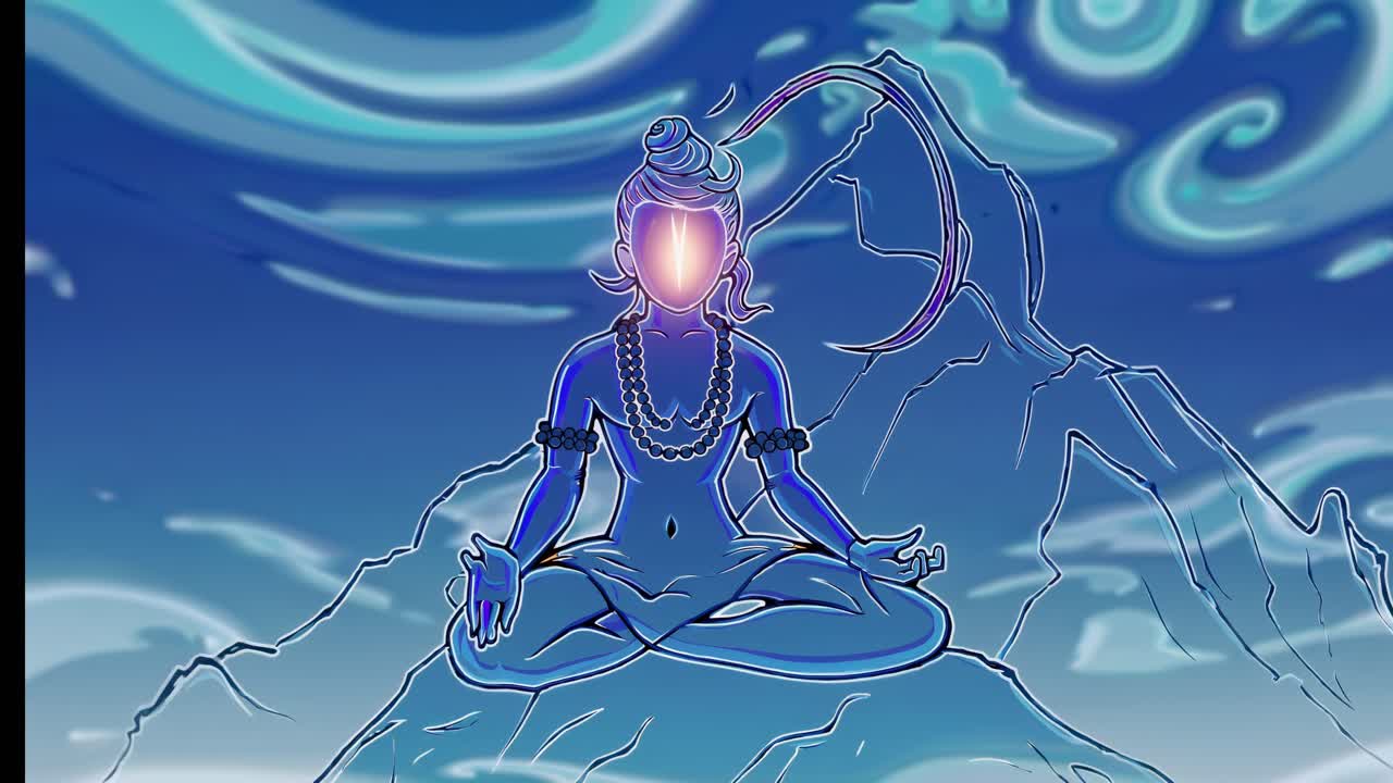 Stylized Blue Lord Shiva Meditating on a Mountain