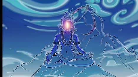 stylized blue lord shiva meditating on a mountain