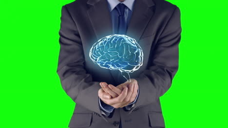 un hombre de negocios presenta el cerebro con las manos.