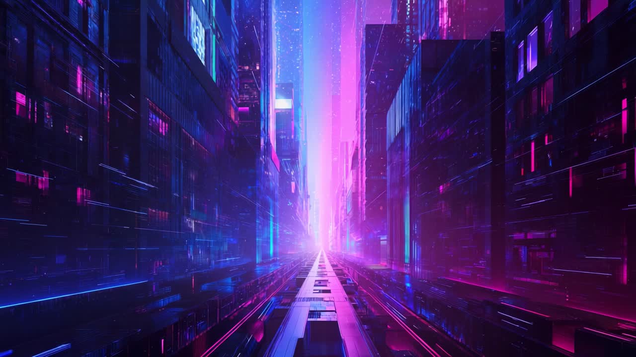 Un affascinante corridoio futuristico con vivaci luci al neon rosa e blu crea un forte contrasto con le strutture imponenti e raffinate, offrendo un'esperienza coinvolgente di paesaggio urbano digitale