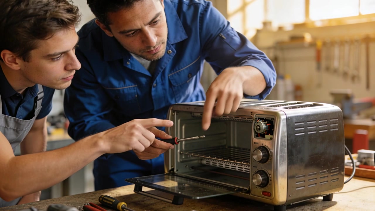 Oven door opening, tech in blue shirt fixing toaster control with trainee at bench with screwdriver