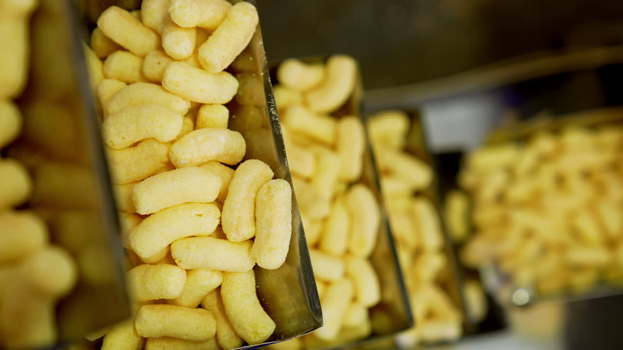 Production process of corn snacks at up-to-date food factory. Crunchy yellow sticks lifted by conveyor belt. Close up.