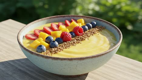 a vibrant smoothie bowl topped with fresh fruits including mango, strawberry, blueberry, and raspberry, showcased against a lush green background