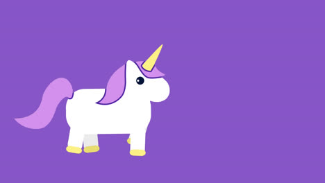 animation of unicorn, hand showing victory sign and flowers on rainbow over purple background