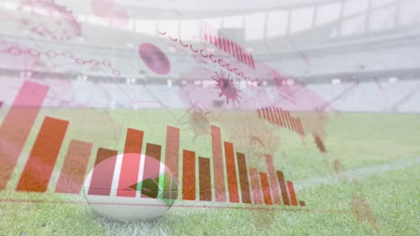 coronavirus digital interface against rugby ball in sports stadium