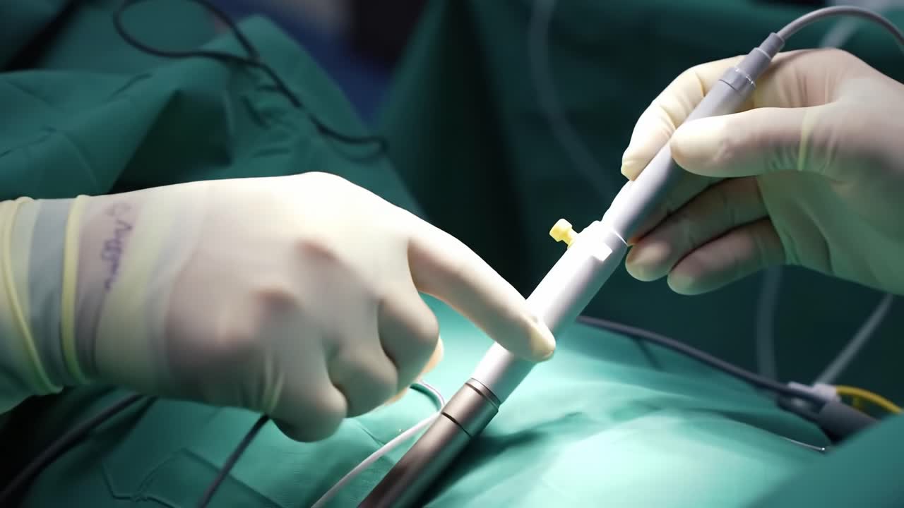 In a hospital operating room, medical professionals in scrubs perform a surgical procedure on a patient. Close-up reveals surgical tools and careful hands at work.