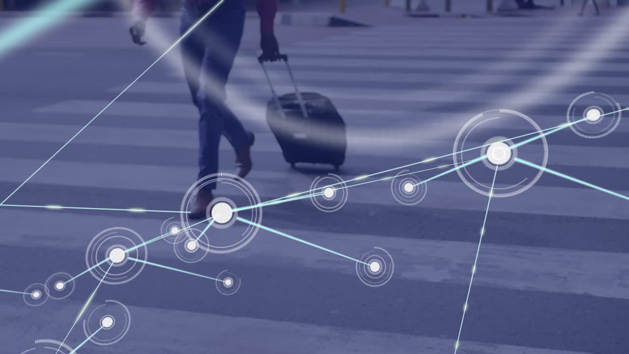 animación de una red de conexiones sobre un hombre de negocios afroamericano con una maleta