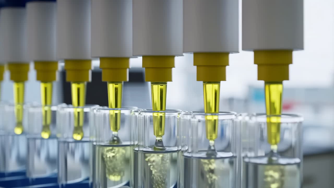 Automated Pipette Dispensing Yellow Reagent Into Vials, Closeup Of Synchronized Droplet Release Over Glass