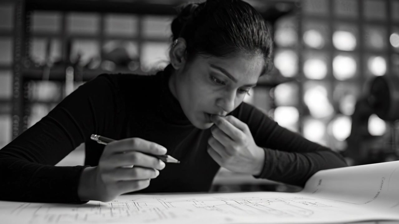 Focused Individual Engaged in Creative Work with Pen on Paper, Illustrating a Design or Concept in a Thoughtful and Introspective Environment