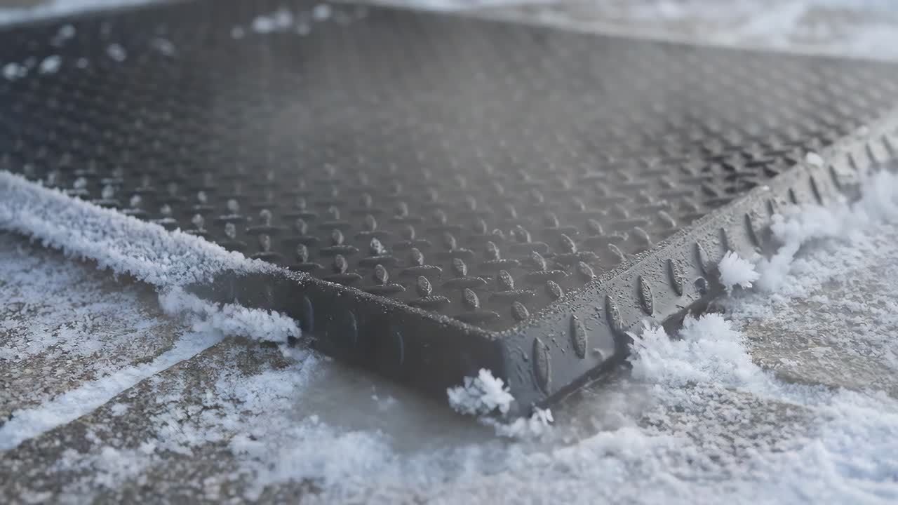 Snø og is smelter på en oppvarmet utendørsmatte