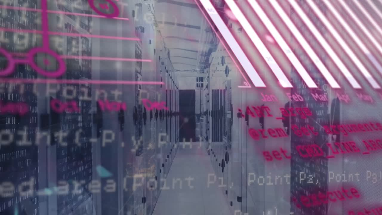 diagramas, gráficos, globos y procesamiento de datos a través de la sala de servidores de computadoras.