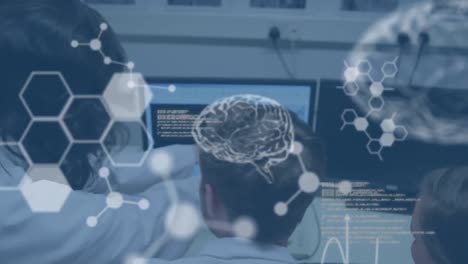 3d brains and hexagons with scientists in laboratory in the background