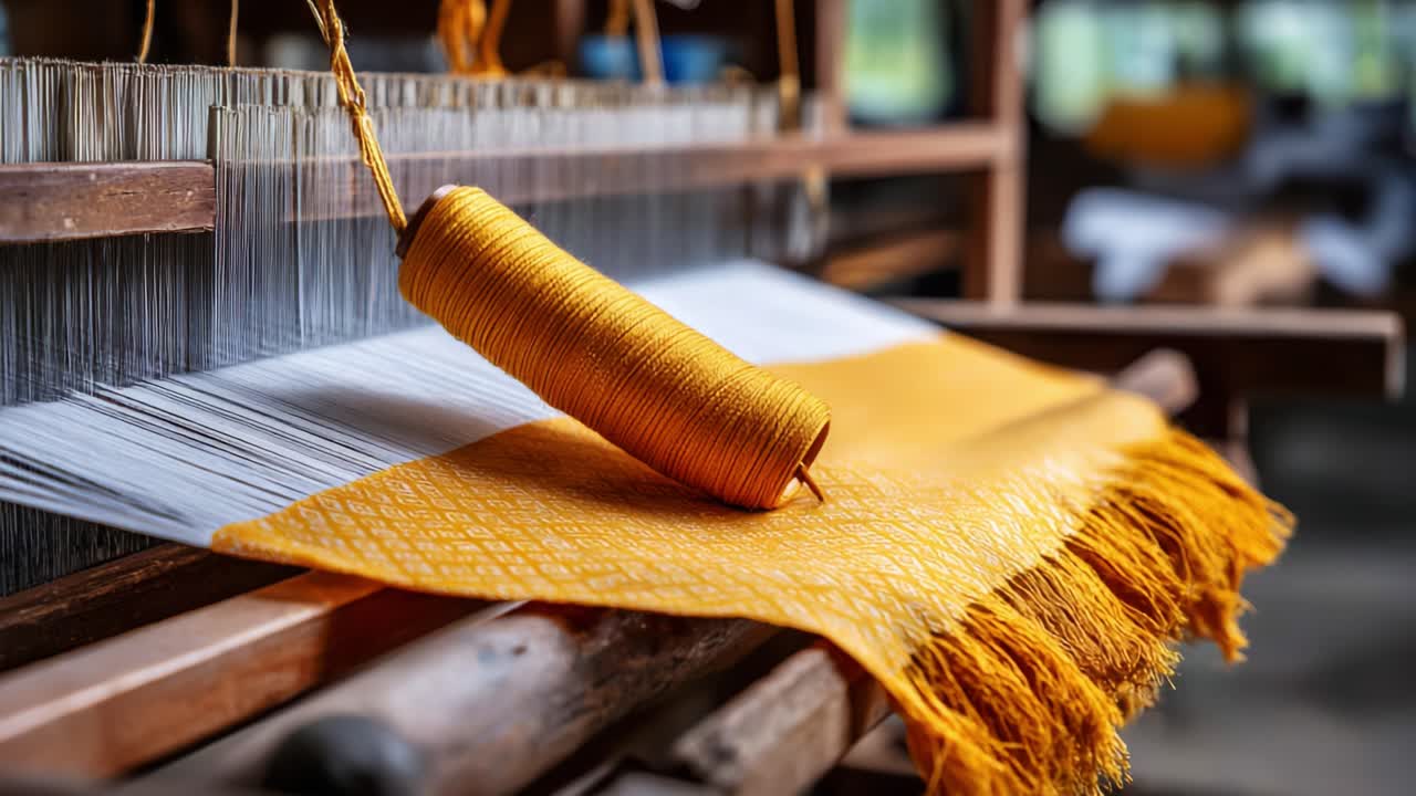 The Process of Weaving Golden Threads: A Close-Up of Handcrafted Textile Creation Displaying Intricate Patterns and Skillful Techniques in a Loom Setting